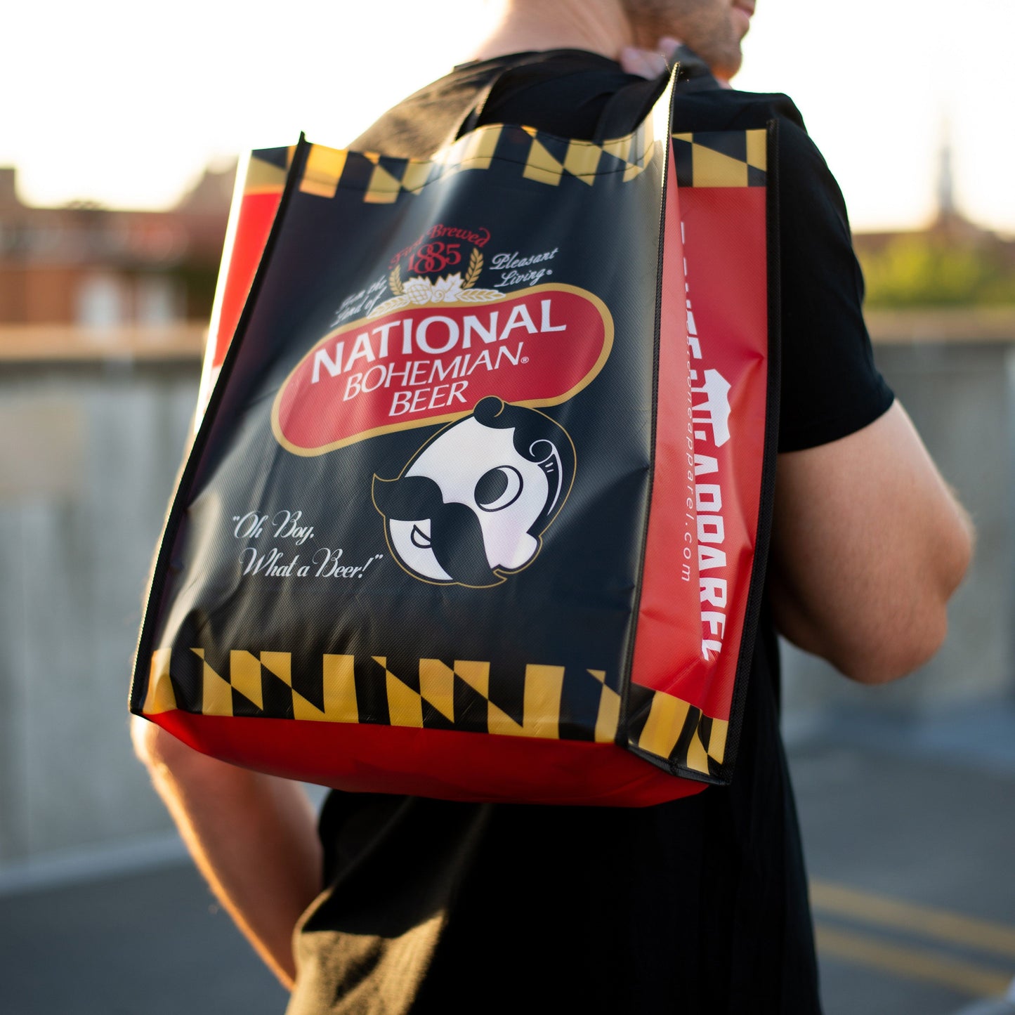 National Bohemian Logo w/ Calvert Stripes (Black & Red) / Reusable Shopping Bag - Route One Apparel
