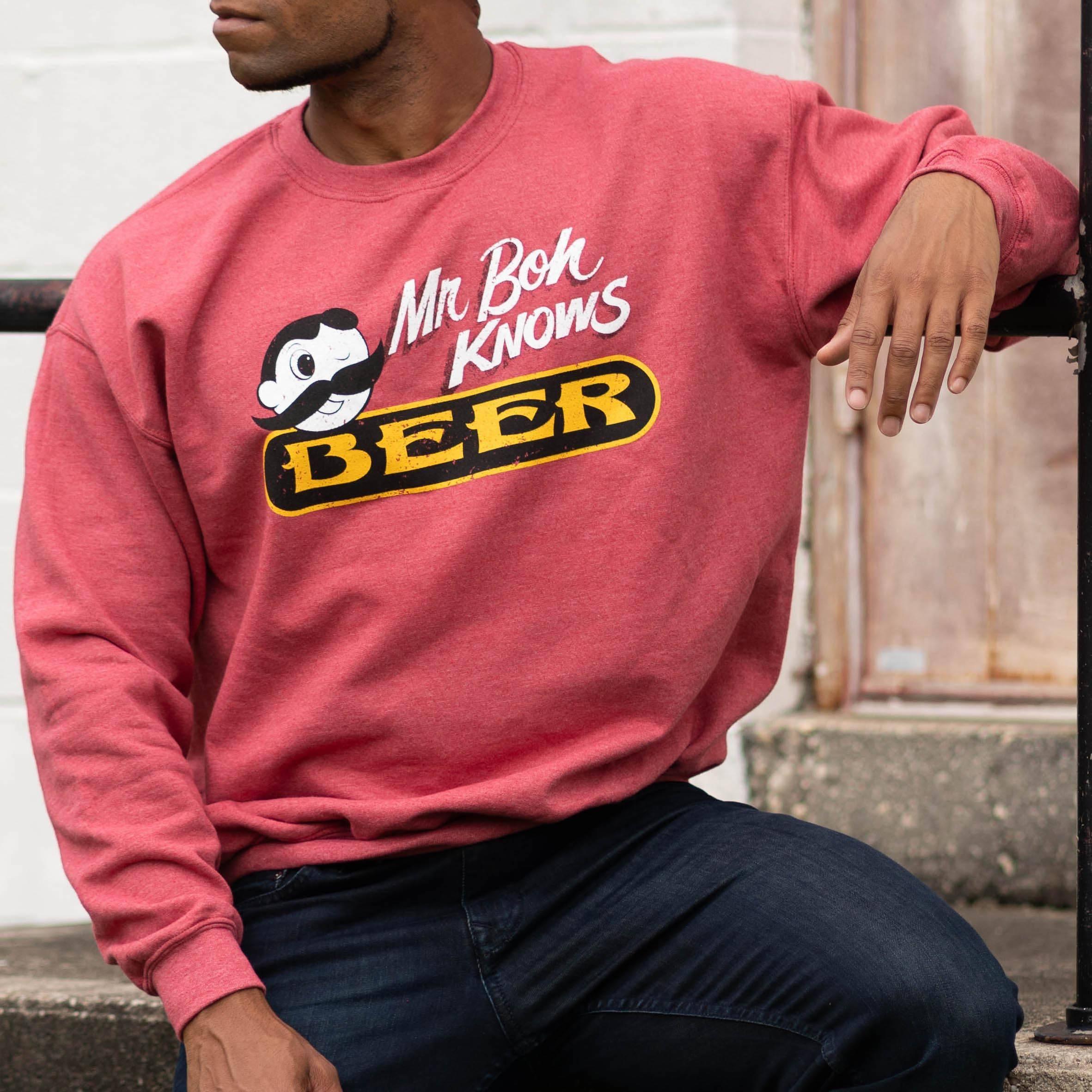 Mr. Boh Knows Beer (Heather Sport Scarlet) / Crew Sweatshirt - Route One Apparel