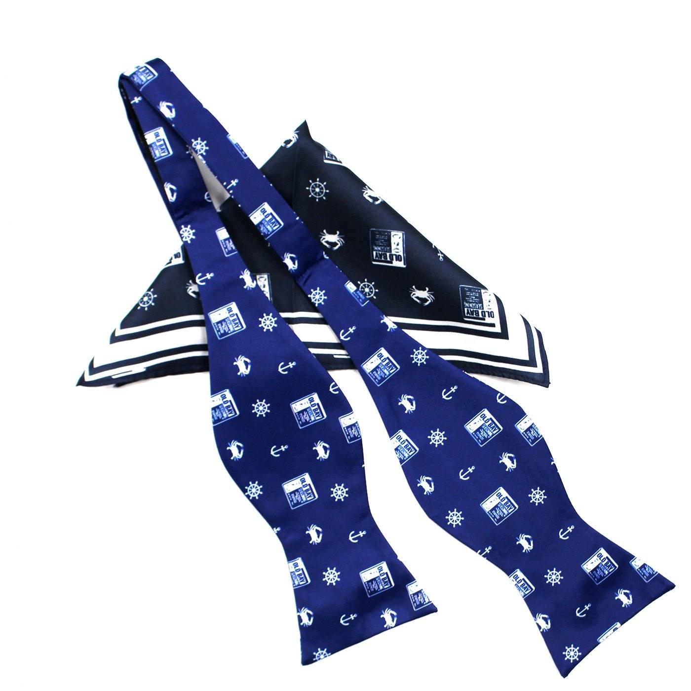Nautical Crab, Anchor & Old Bay (Navy) / Self-Tie Bowtie + Pocket Square *BUNDLE* - Route One Apparel