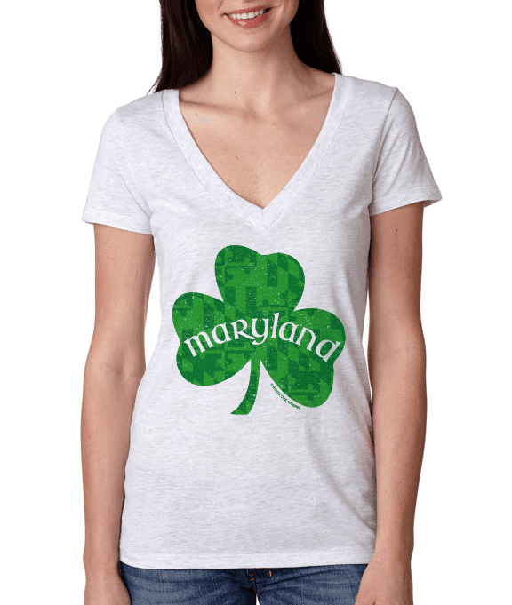 Maryland Shamrock (Heather White) / Ladies Deep V-Neck Shirt - Route One Apparel