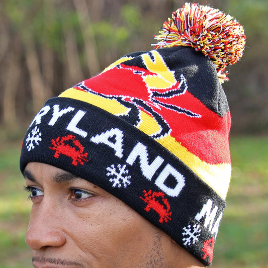 Color Block Crab with Snowflakes / Knit Beanie Cap w/ Pom-Pom - Route One Apparel
