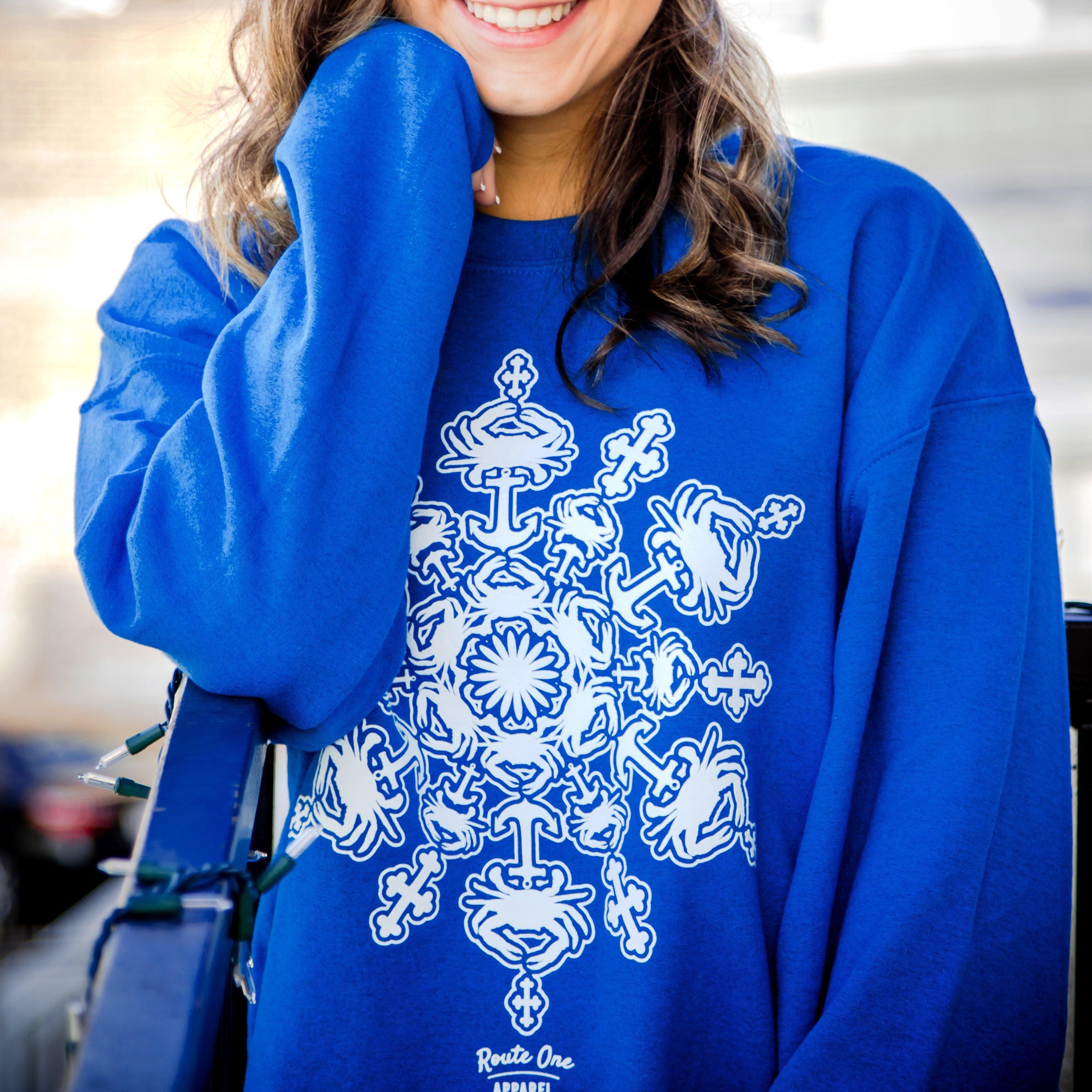 Crab Snowflake (Royal Blue) / Crew Sweatshirt - Route One Apparel