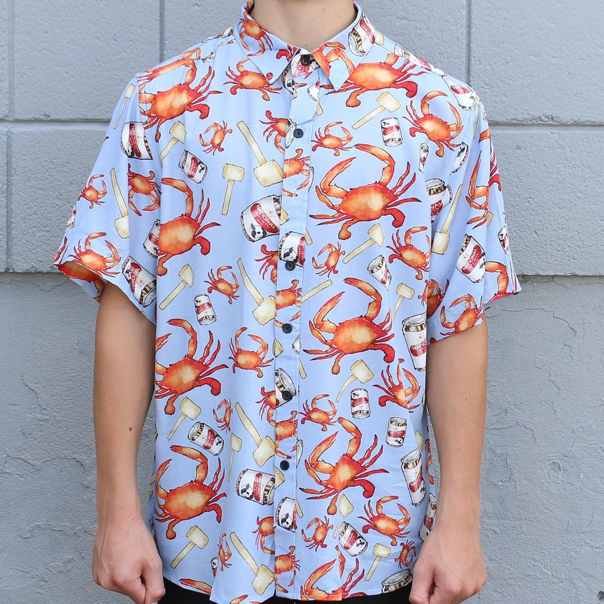 Crab, Mallet & Natty Boh (Light Blue) / Hawaiian Shirt - Route One Apparel