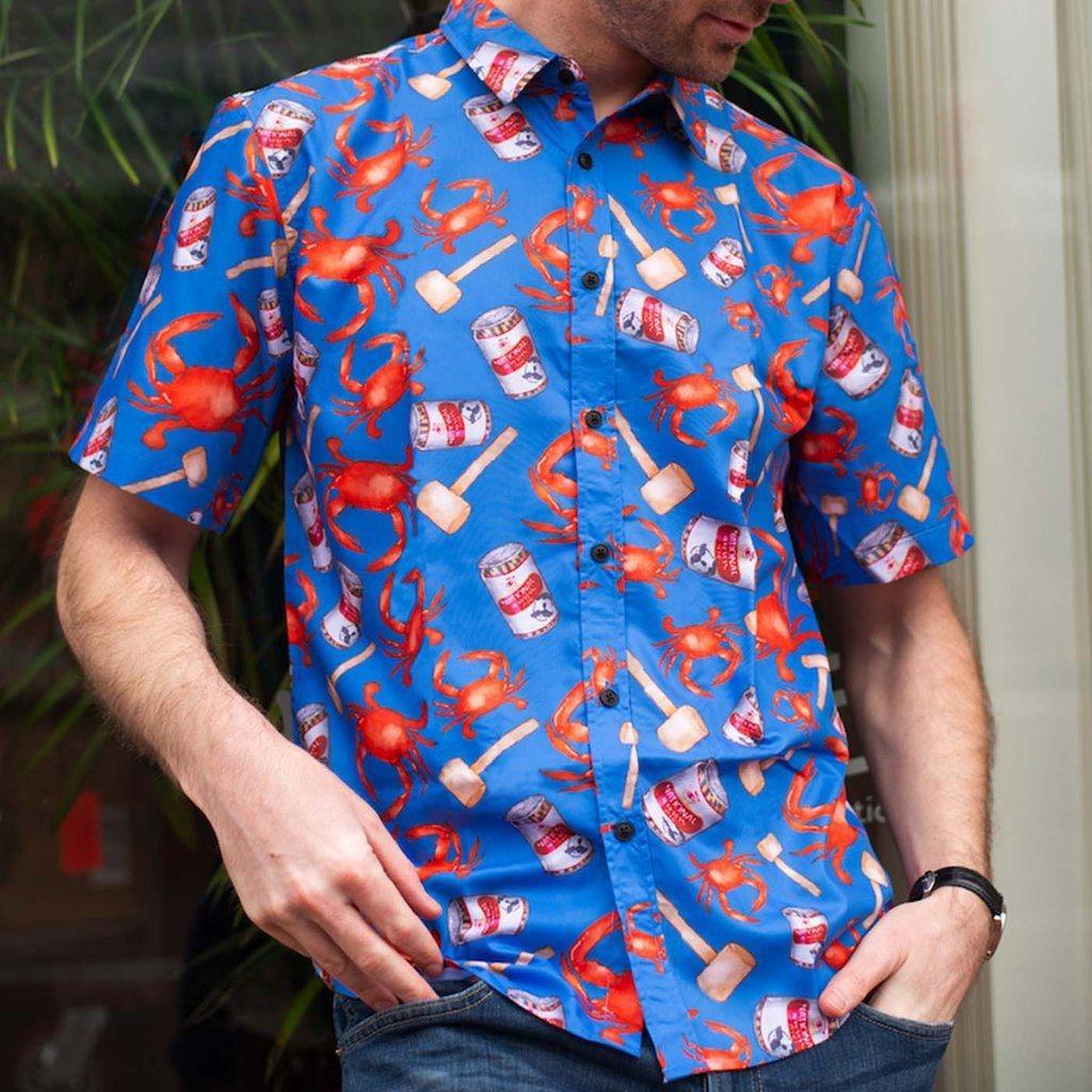 Crab, Mallet & Natty Boh (Light Blue) / Hawaiian Shirt - Route One Apparel