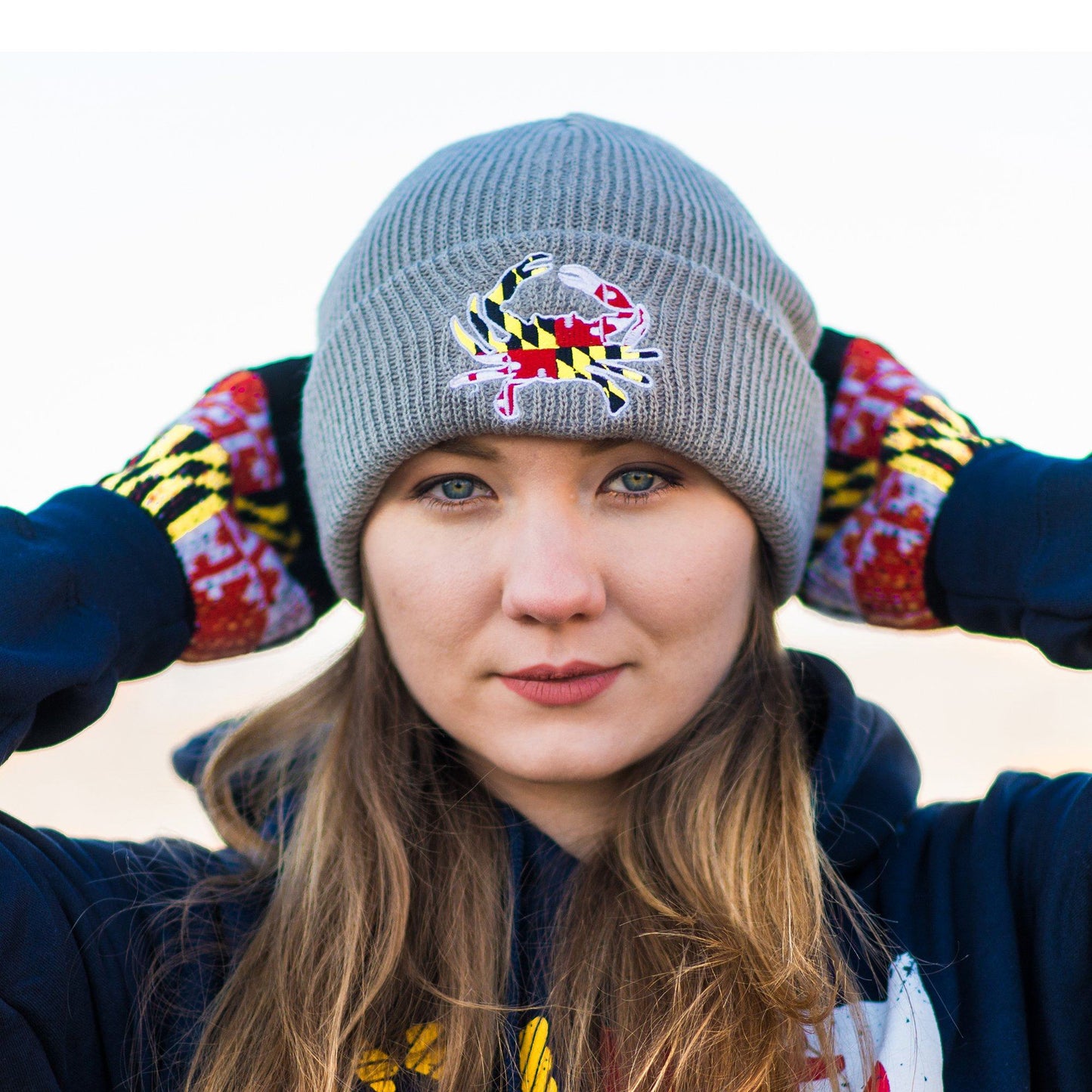 Embroidered Maryland Full Flag Crab (Grey) / Slouchy Knit Beanie Cap - Route One Apparel