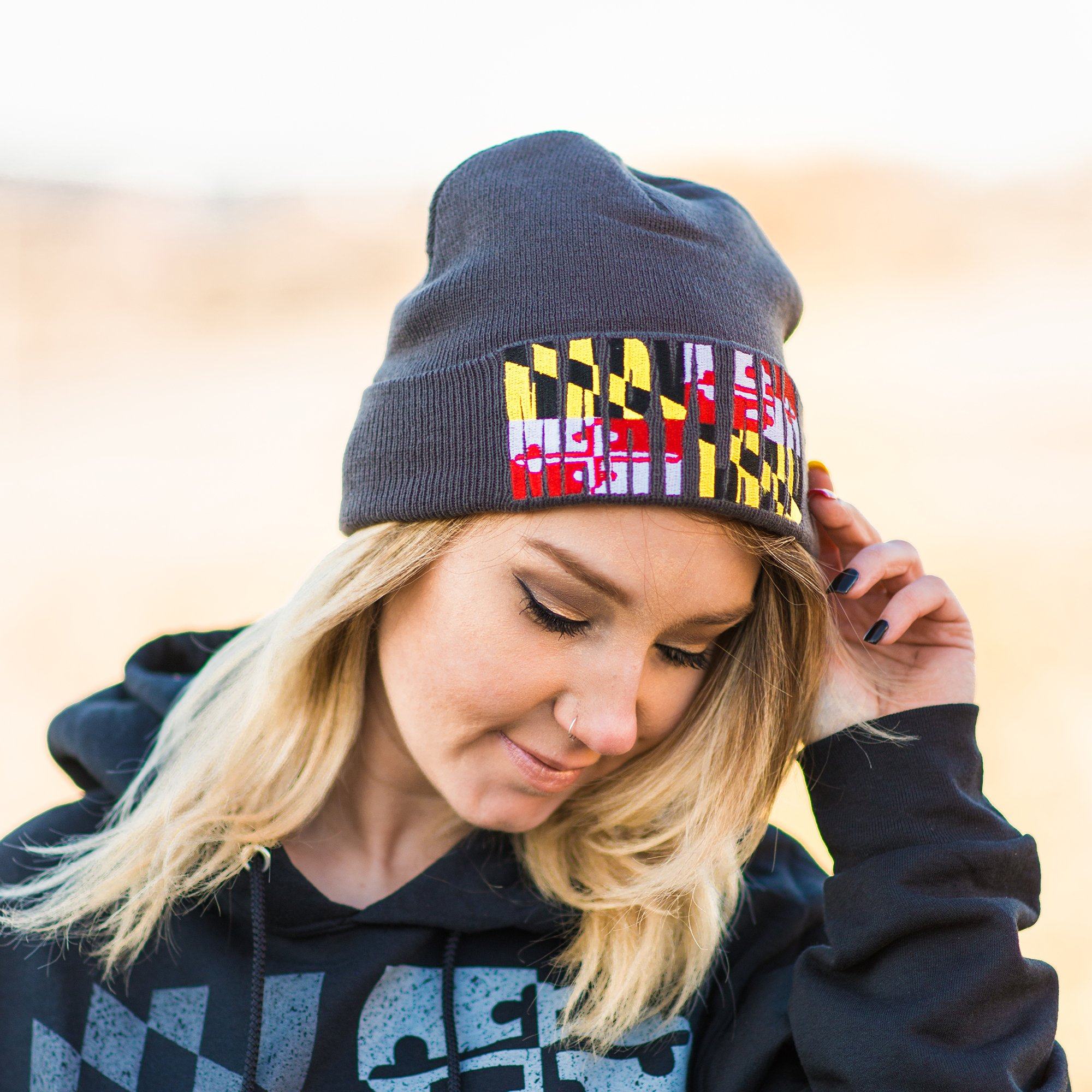 Maryland Flag Embroidered (Grey) / Knit Beanie Cap - Route One Apparel