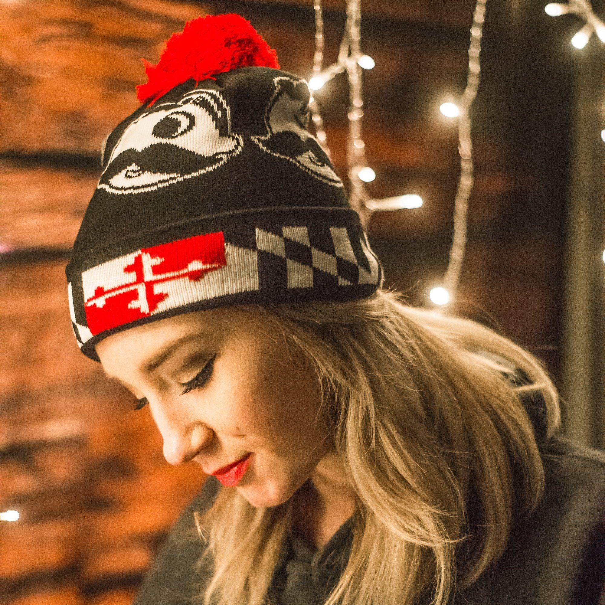Boh Logo w/ Maryland Flag Brim (Black w/ Red Pom) / Knit Beanie Cap - Route One Apparel