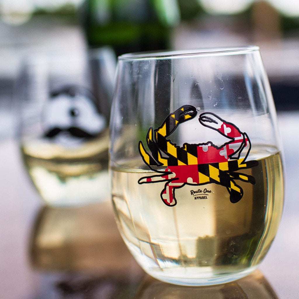 Maryland Full Flag Crab / Stemless Wine Glass - Route One Apparel