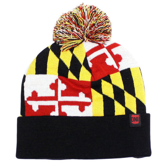 Full Maryland Flag (Black) / Knit Beanie Cap w/ Pom-Pom - Route One Apparel