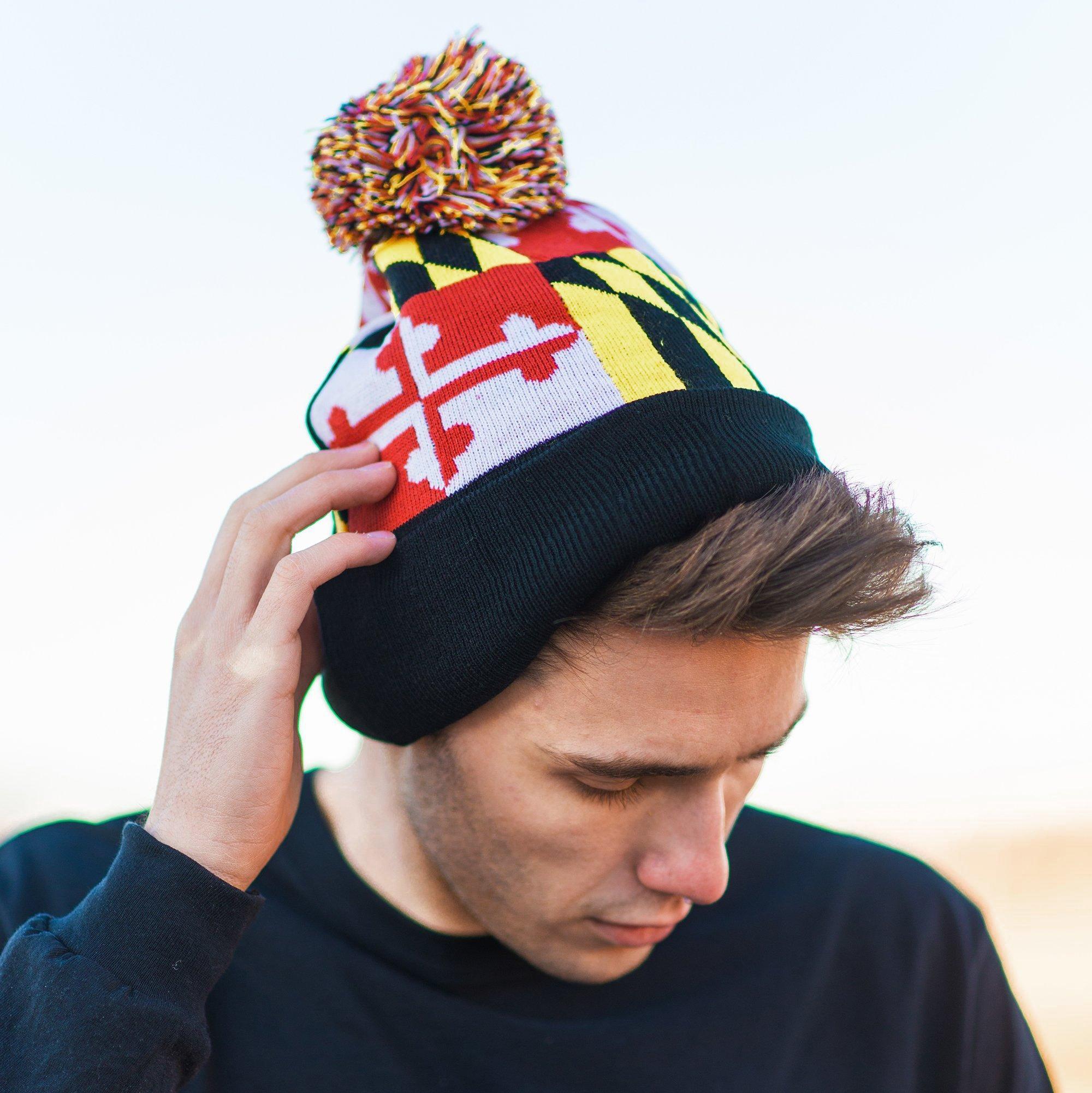 Full Maryland Flag (Black) / Knit Beanie Cap w/ Pom-Pom - Route One Apparel