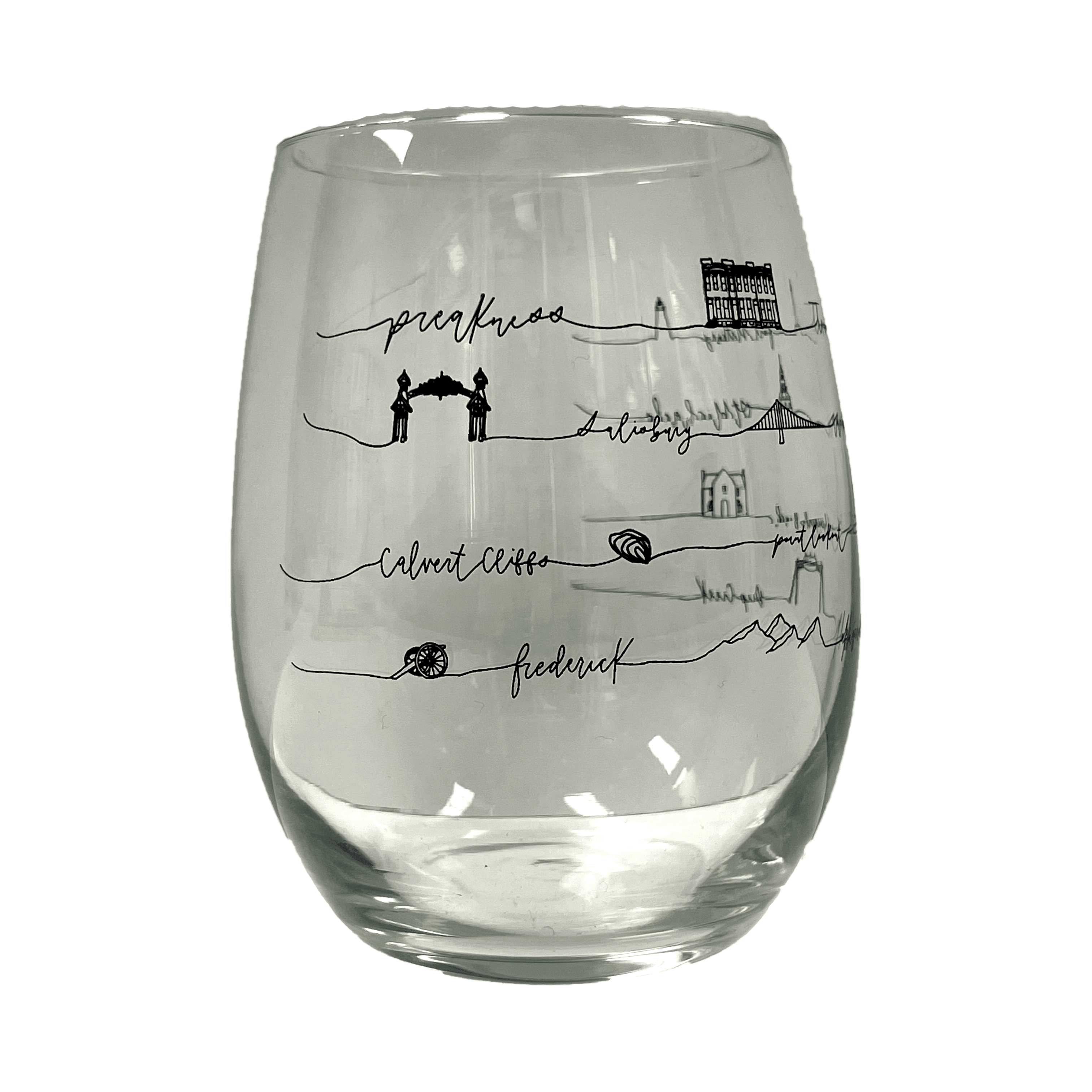 Cursive Maryland Locations / Stemless Wine Glass - Route One Apparel