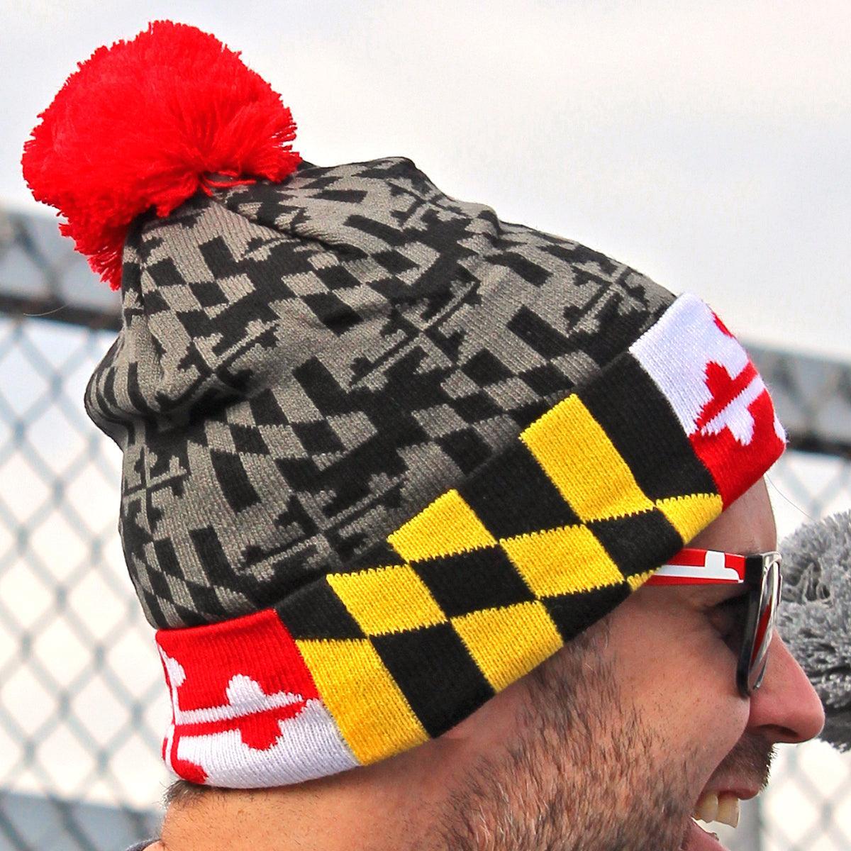 Greyscale Maryland Flag with Color Brim / Knit Beanie Cap w/ Pom-Pom - Route One Apparel