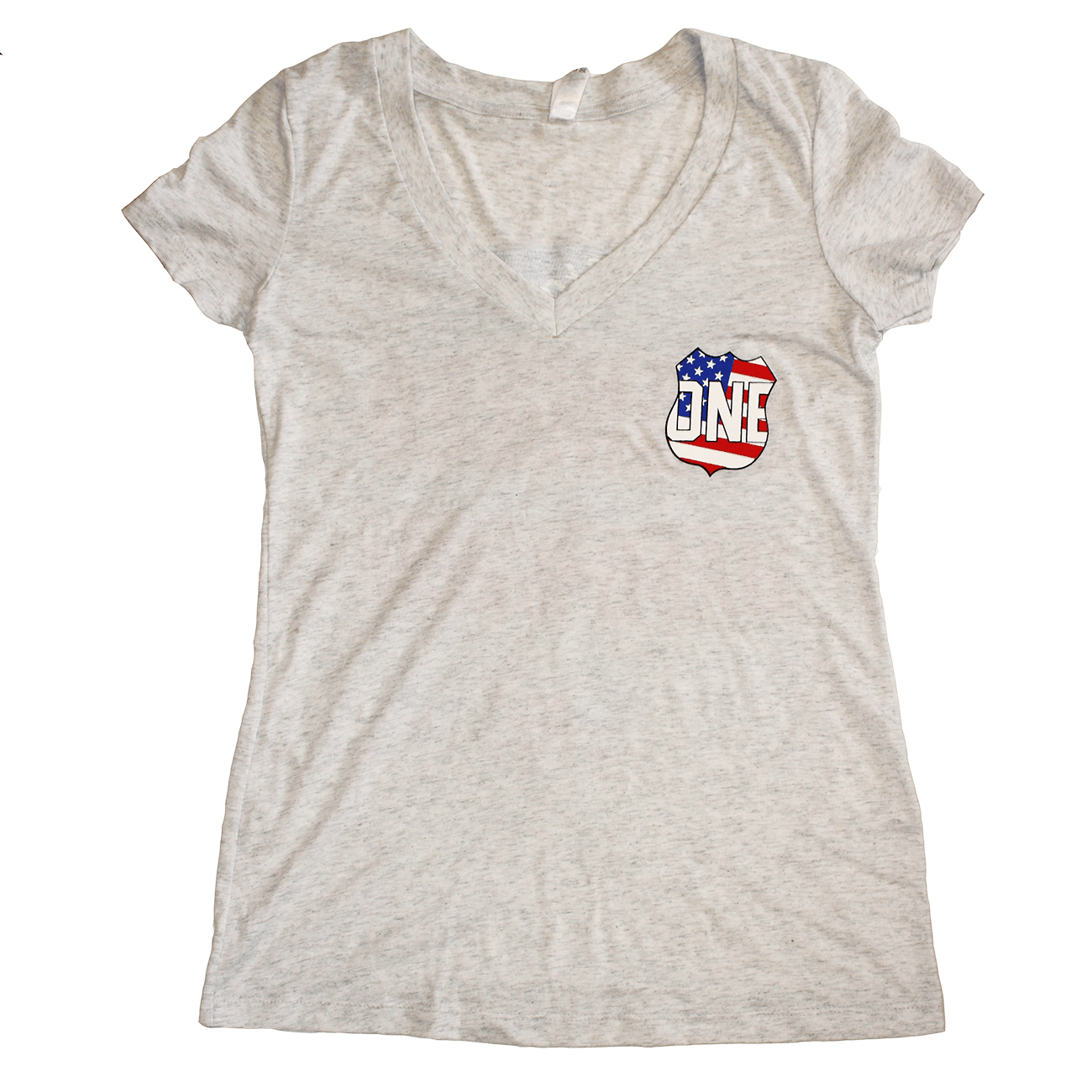 Star Spangled Hammered (Heather White) / Ladies Deep V-Neck Shirt - Route One Apparel