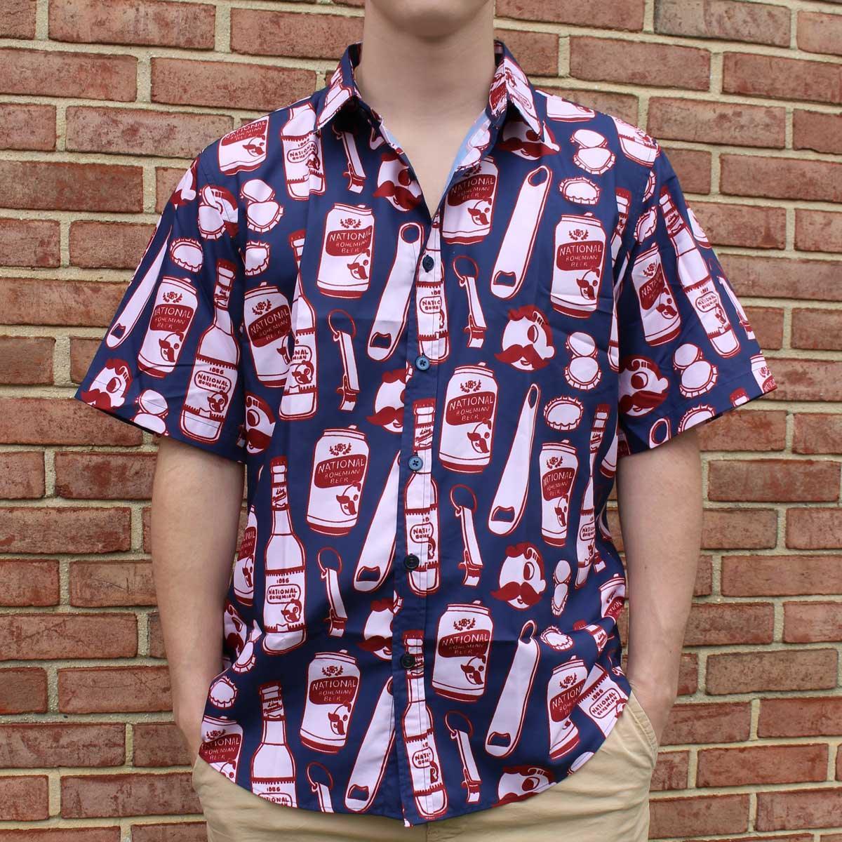 National Bohemian Bottle and Can Pattern (Red & Navy) / Hawaiian Shirt - Route One Apparel