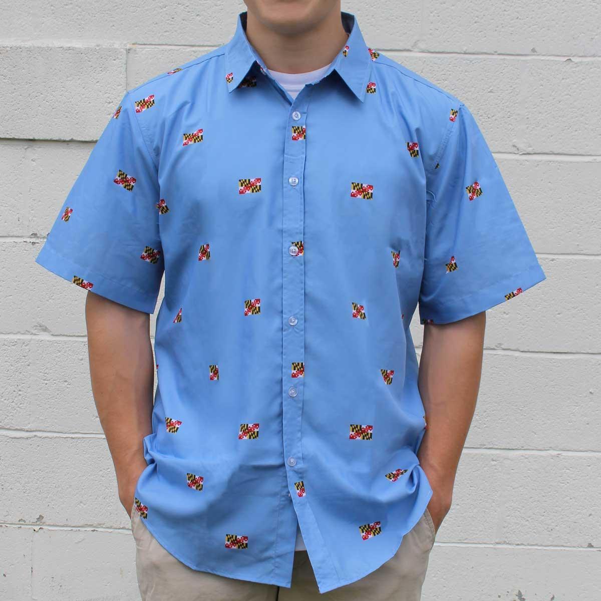 Maryland Flag Logo Pattern (Light Blue) / Hawaiian Shirt - Route One Apparel