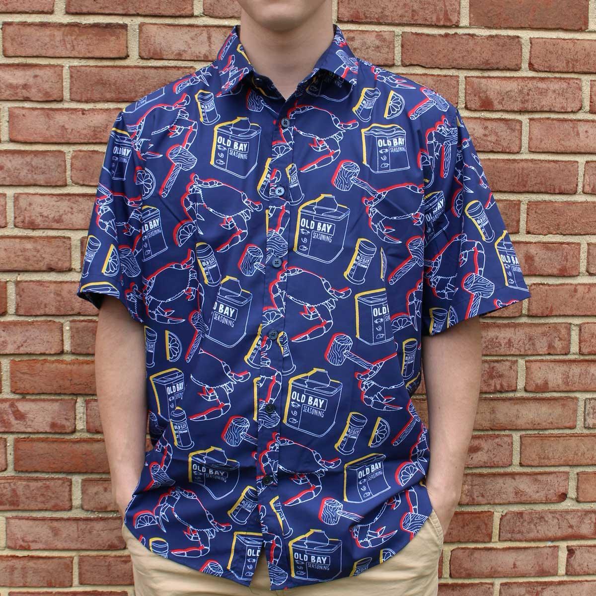 Stencil Outline Old Bay Crab & Mallet (Navy) / Hawaiian Shirt - Route One Apparel