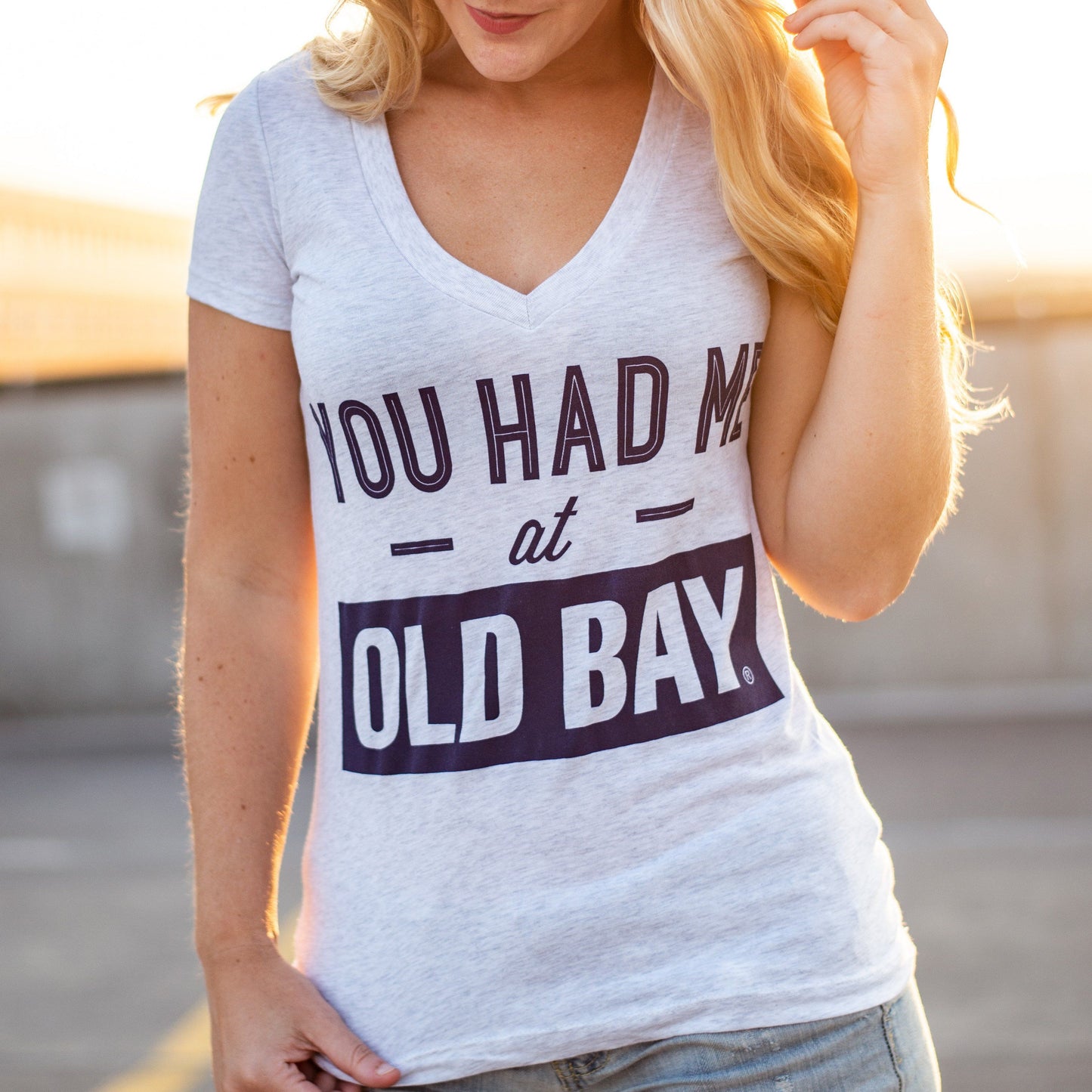 You Had Me At Old Bay (Heather White) / Ladies V-Neck Shirt - Route One Apparel