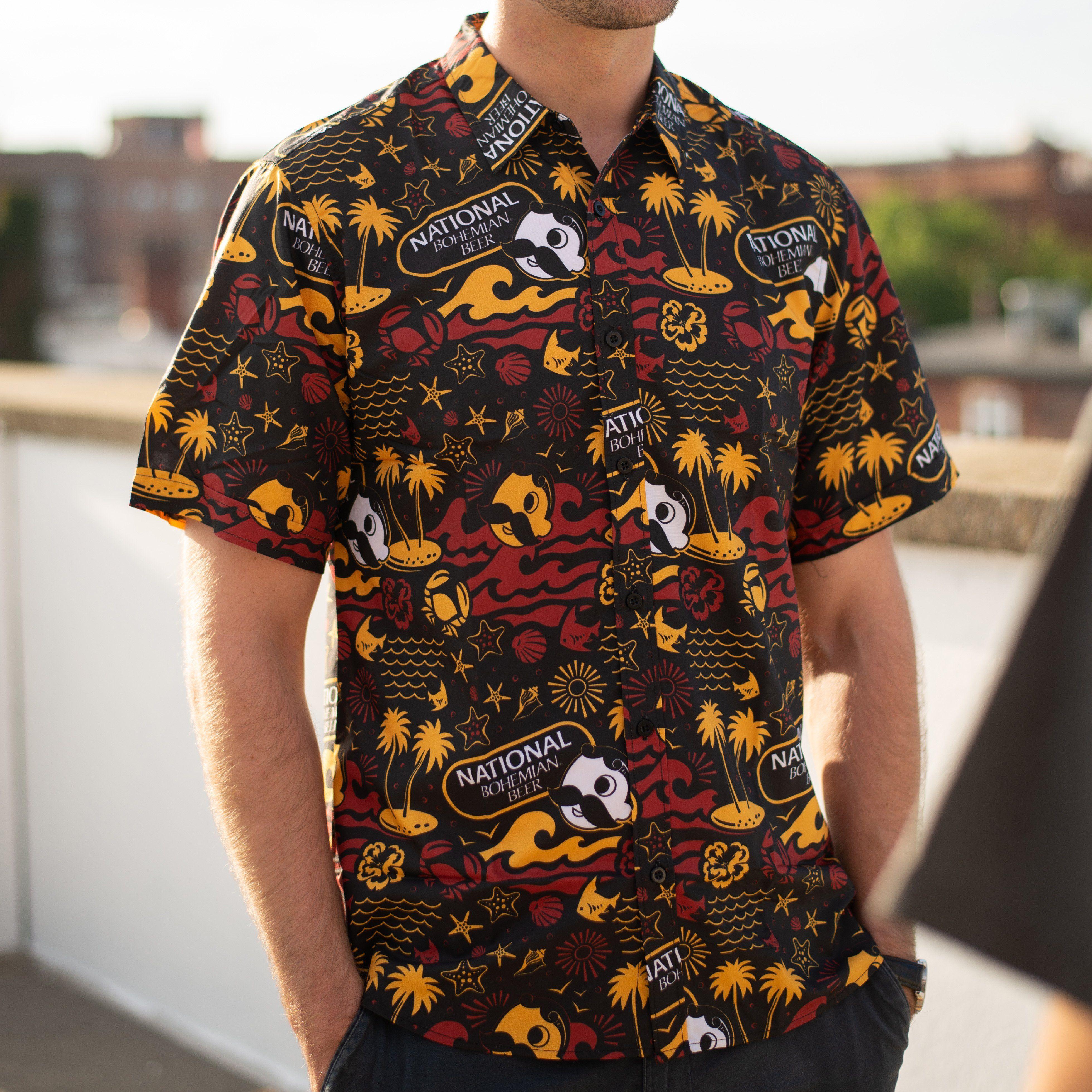 Natty Boh Beach Red & Gold (Black) / Hawaiian Shirt - Route One Apparel