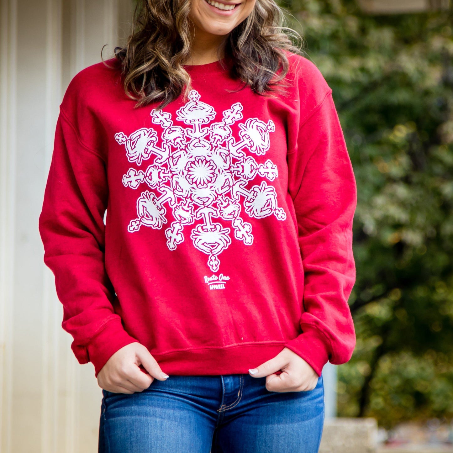 Crab Snowflake (Heather Red) / Crew Sweatshirt - Route One Apparel