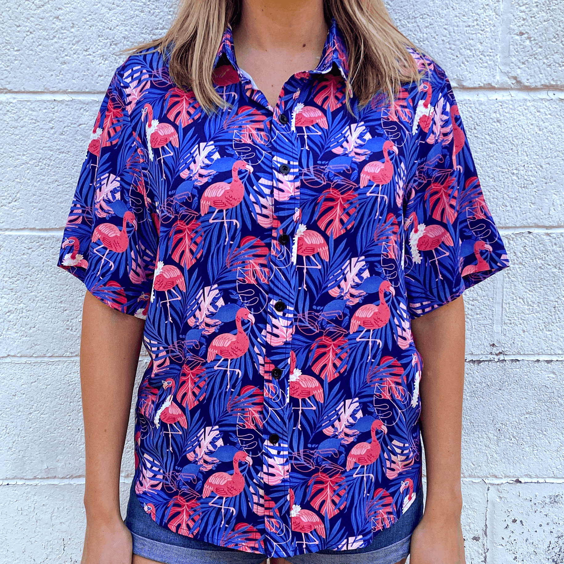 *PRE-ORDER* Ready to Flamingle (Blue) / Hawaiian Shirt (Estimated Ship Date June 25) - Route One Apparel
