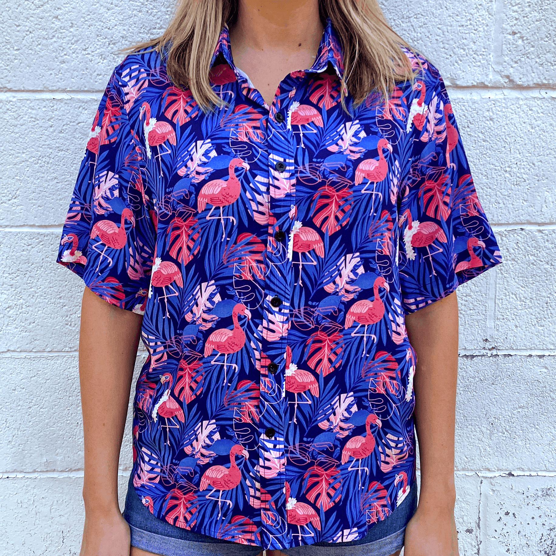 *PRE-ORDER* Ready to Flamingle (Blue) / Hawaiian Shirt (Estimated Ship Date June 25) - Route One Apparel