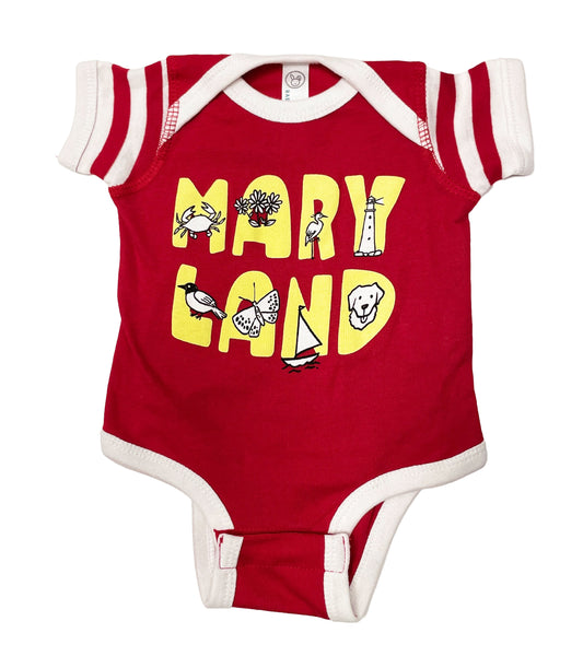 Maryland Icon Letters (Red & White) / Baby Onesie - Route One Apparel