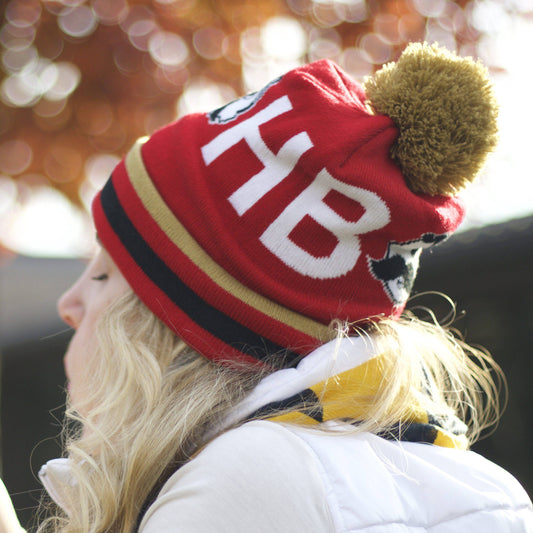 Boh Logo Text (Red w/ Gold Pom) / Knit Beanie Cap - Route One Apparel