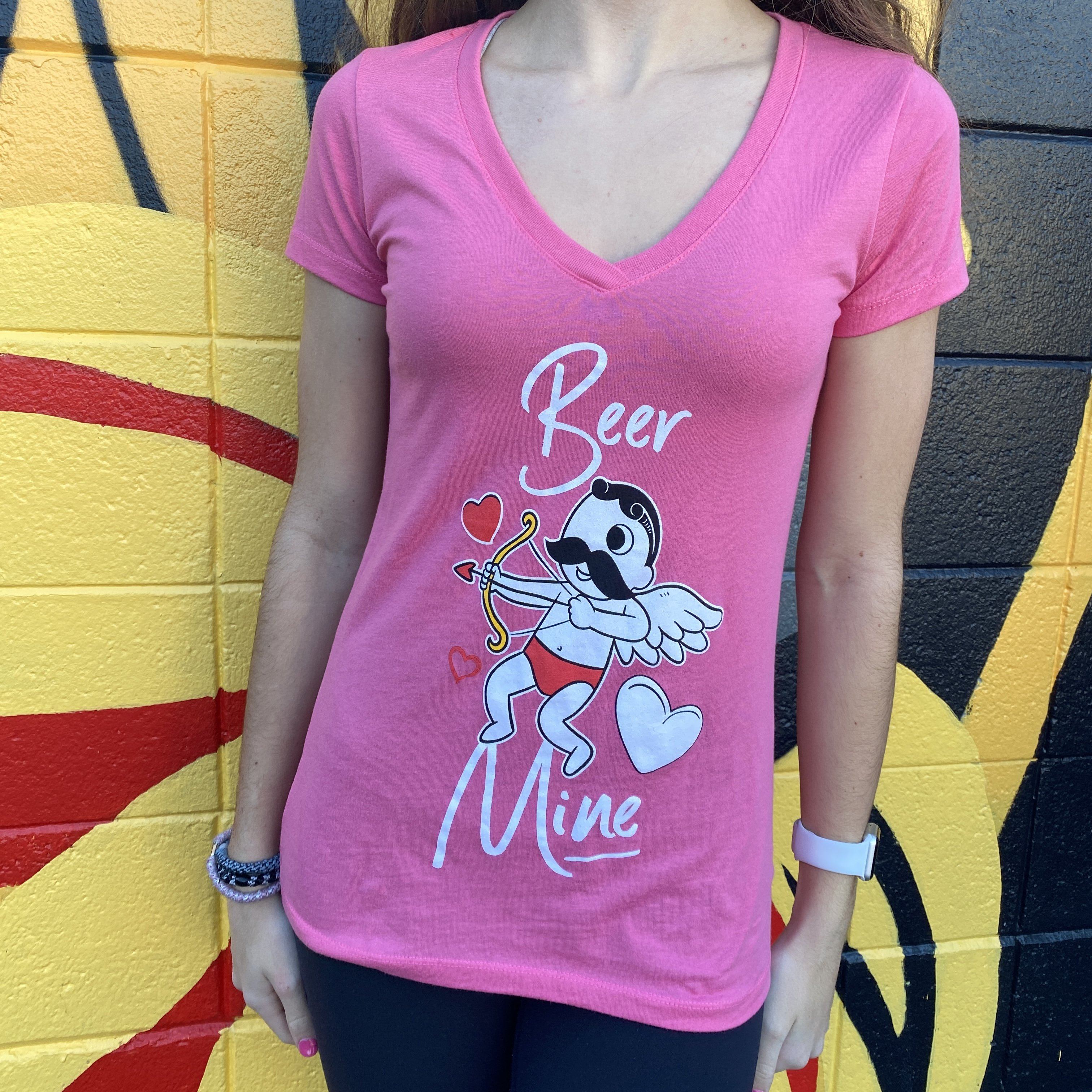 Beer Mine Boh Cupid (Pink) / Ladies V-Neck Shirt - Route One Apparel