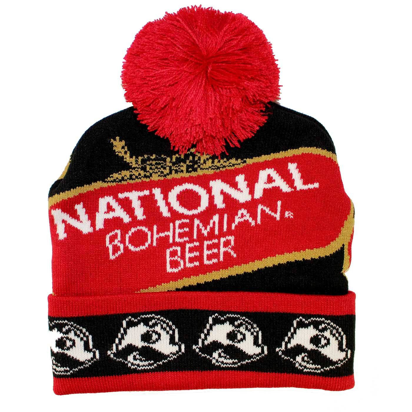 National Bohemian Beer w/ Boh Brim (Black w/ Red Pom) / Knit Beanie Cap - Route One Apparel