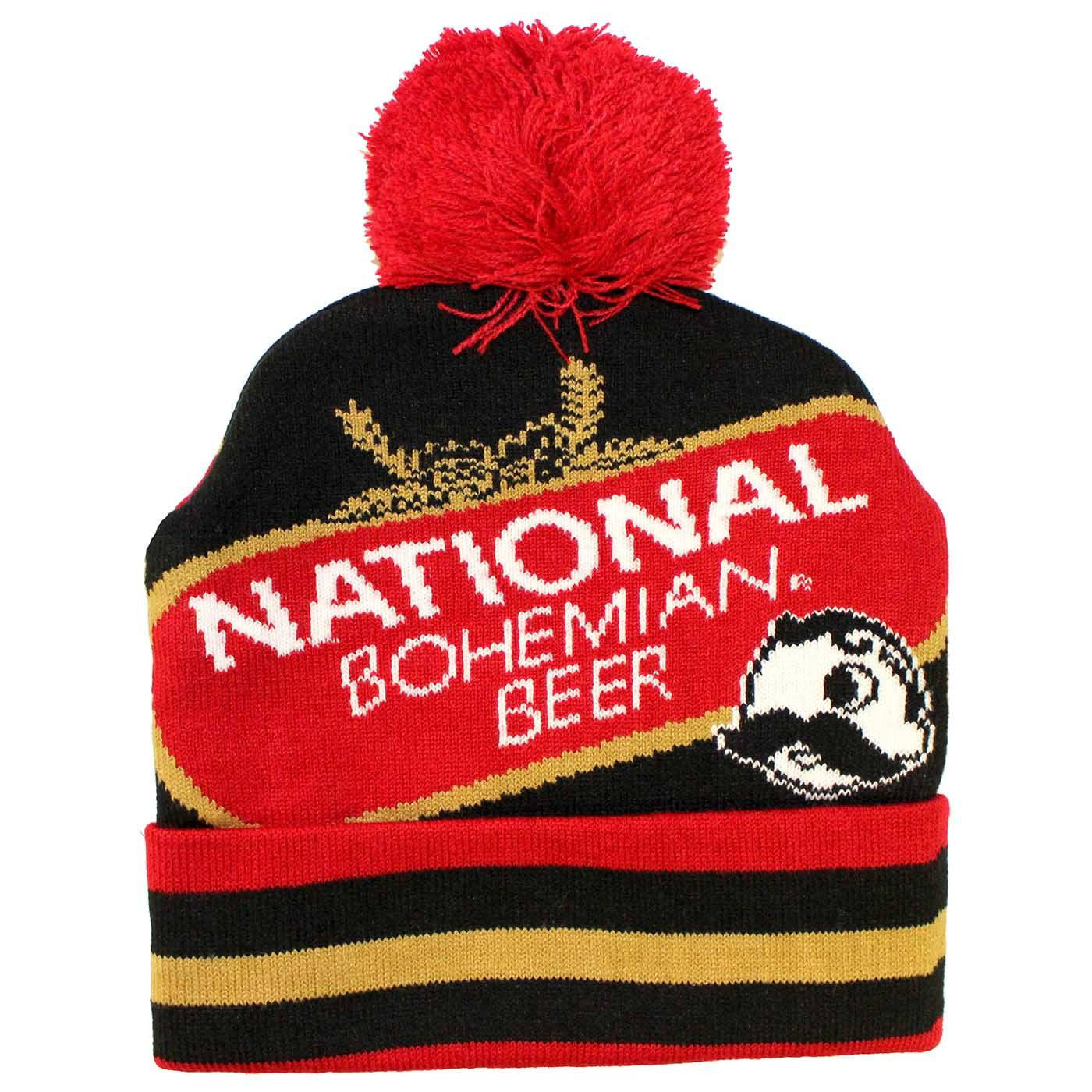 National Bohemian Beer w/ Red & Gold Stripes (Black w/ Red Pom) / Knit Beanie Cap - Route One Apparel