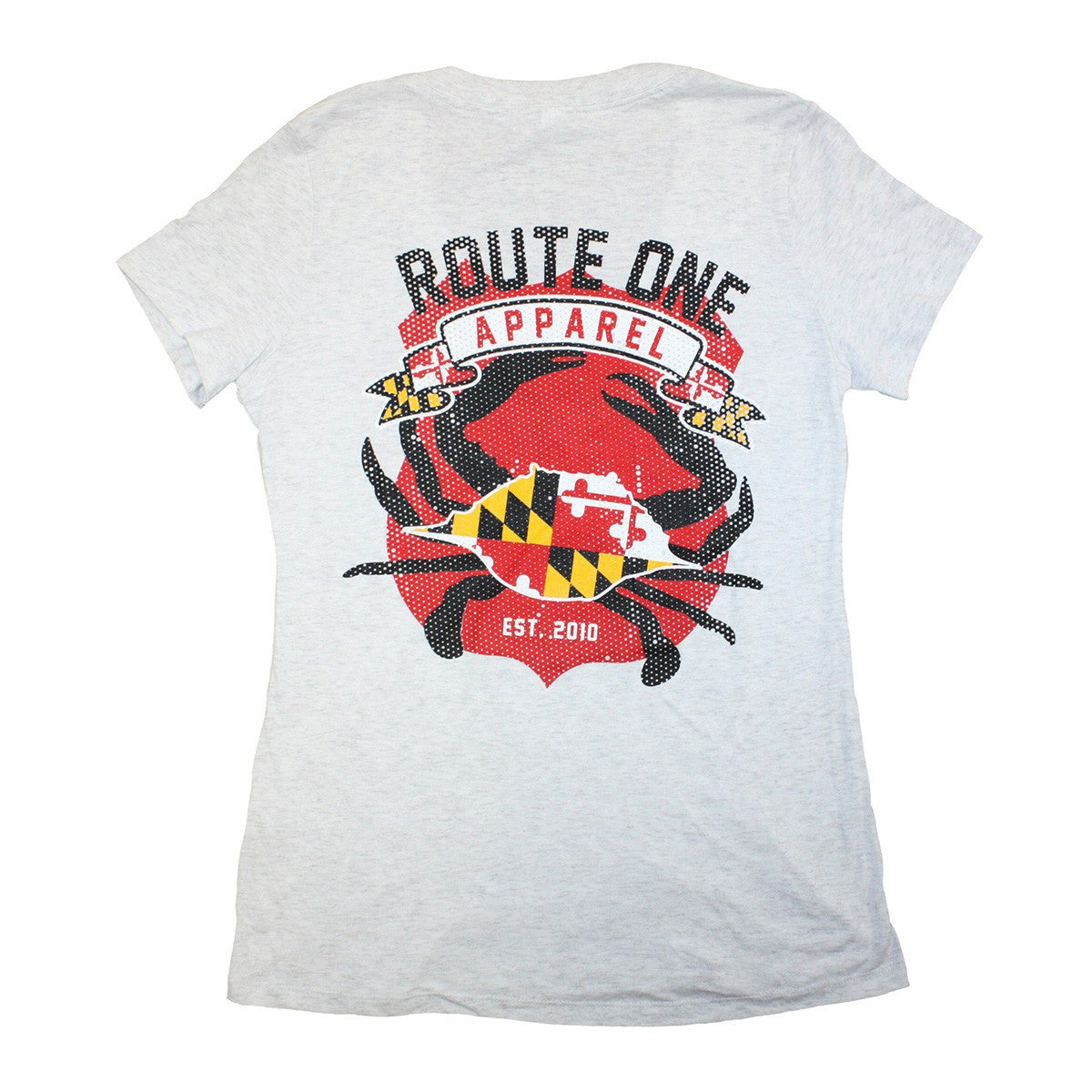 Route One Apparel Classic Flag & Crab (Heather White) / Ladies Deep V-Neck Shirt - Route One Apparel