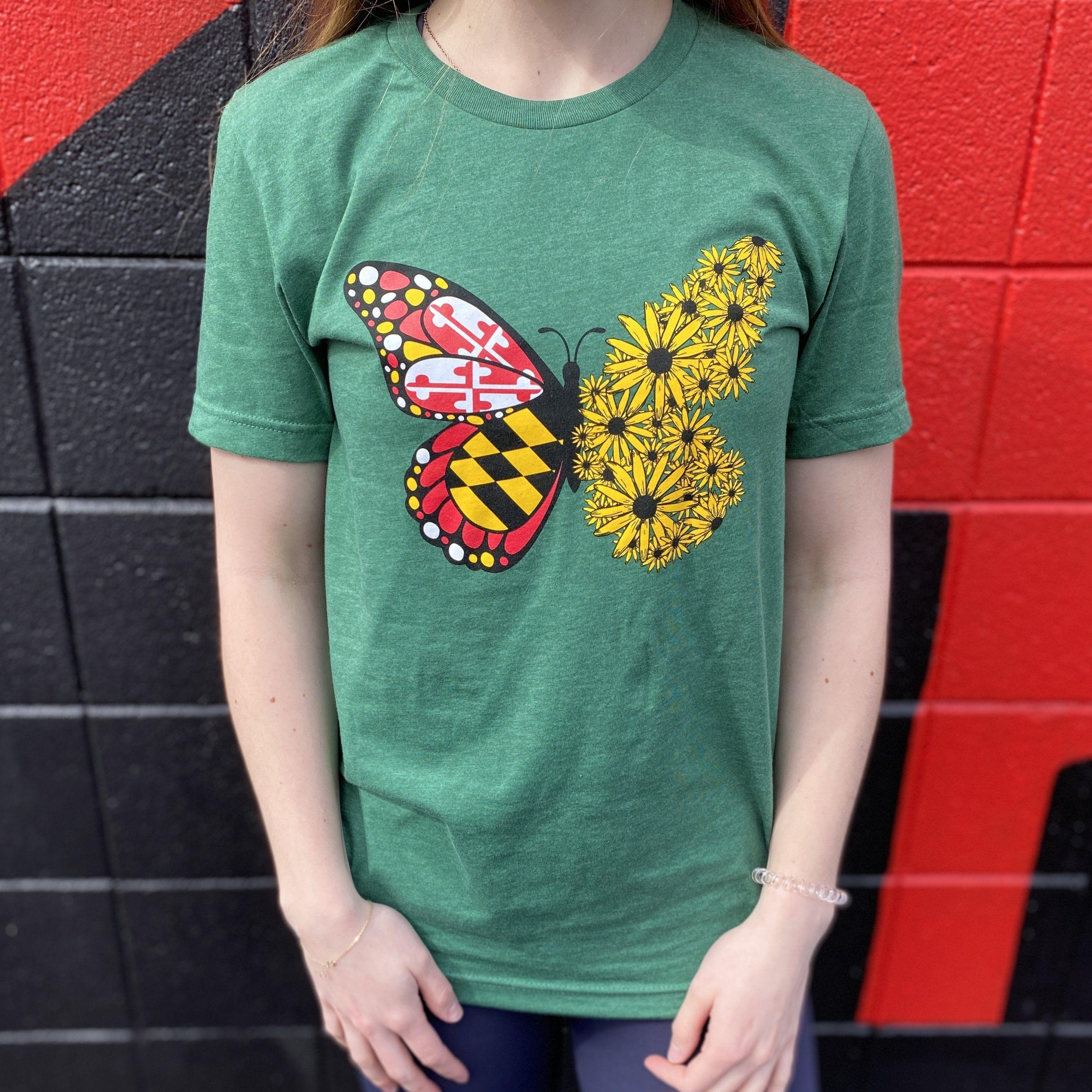 Maryland Flag & Black Eyed Susan Butterfly (Heather Green) / Shirt - Route One Apparel