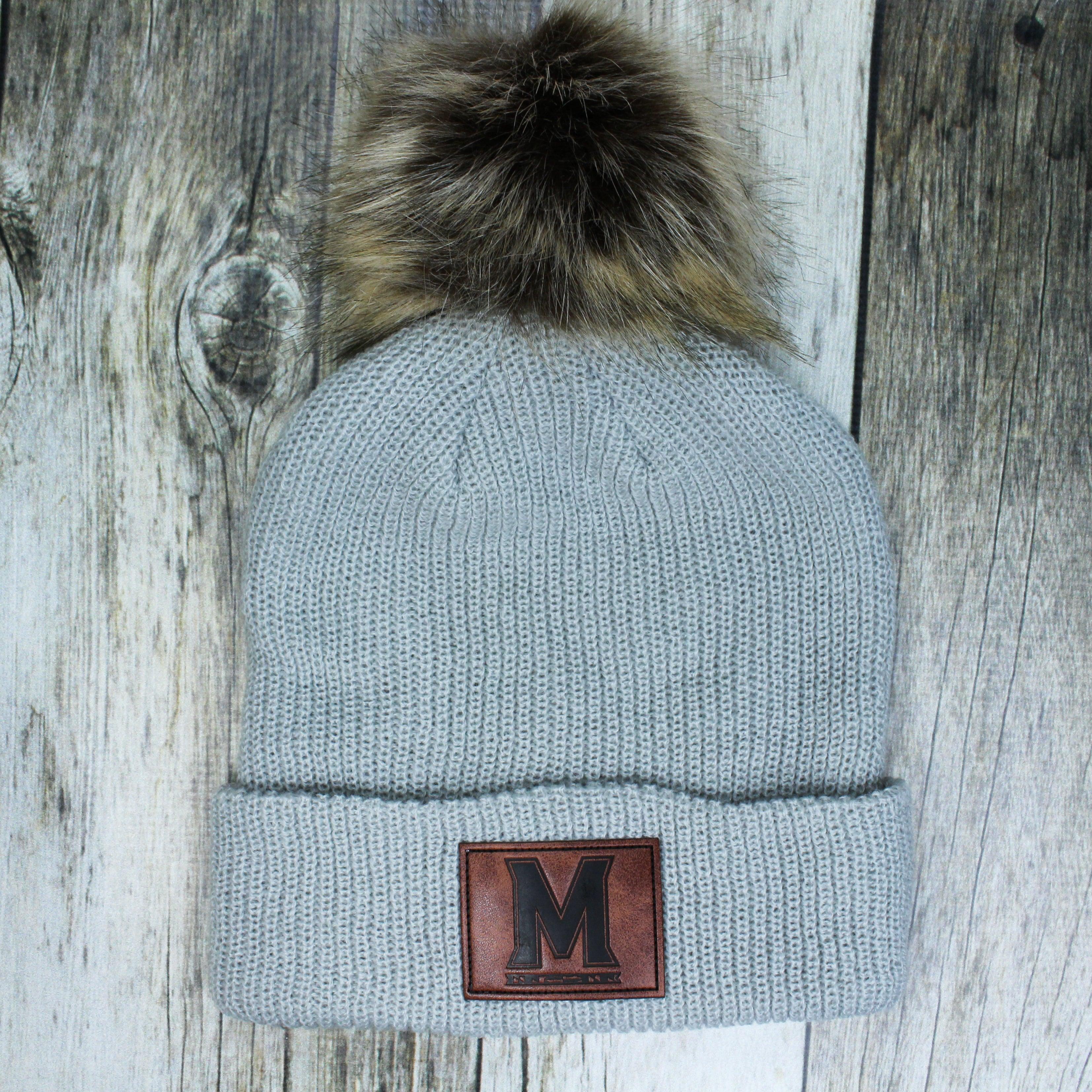 UMD "M" Logo Leather Patch (Grey w/ Fur Pom) / Slouchy Knit Beanie Cap - Route One Apparel