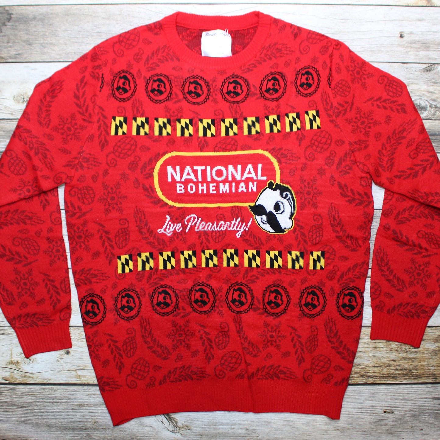 National Bohemian - Live Pleasantly Bottle Cap (Red) / Knit Sweater - Route One Apparel
