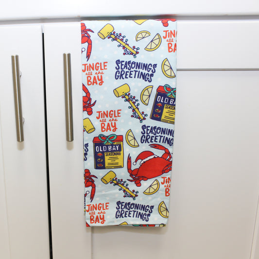 Seasons Greetings & Jingle All The Old Bay Pattern (Light Blue) / Kitchen Towel - Route One Apparel