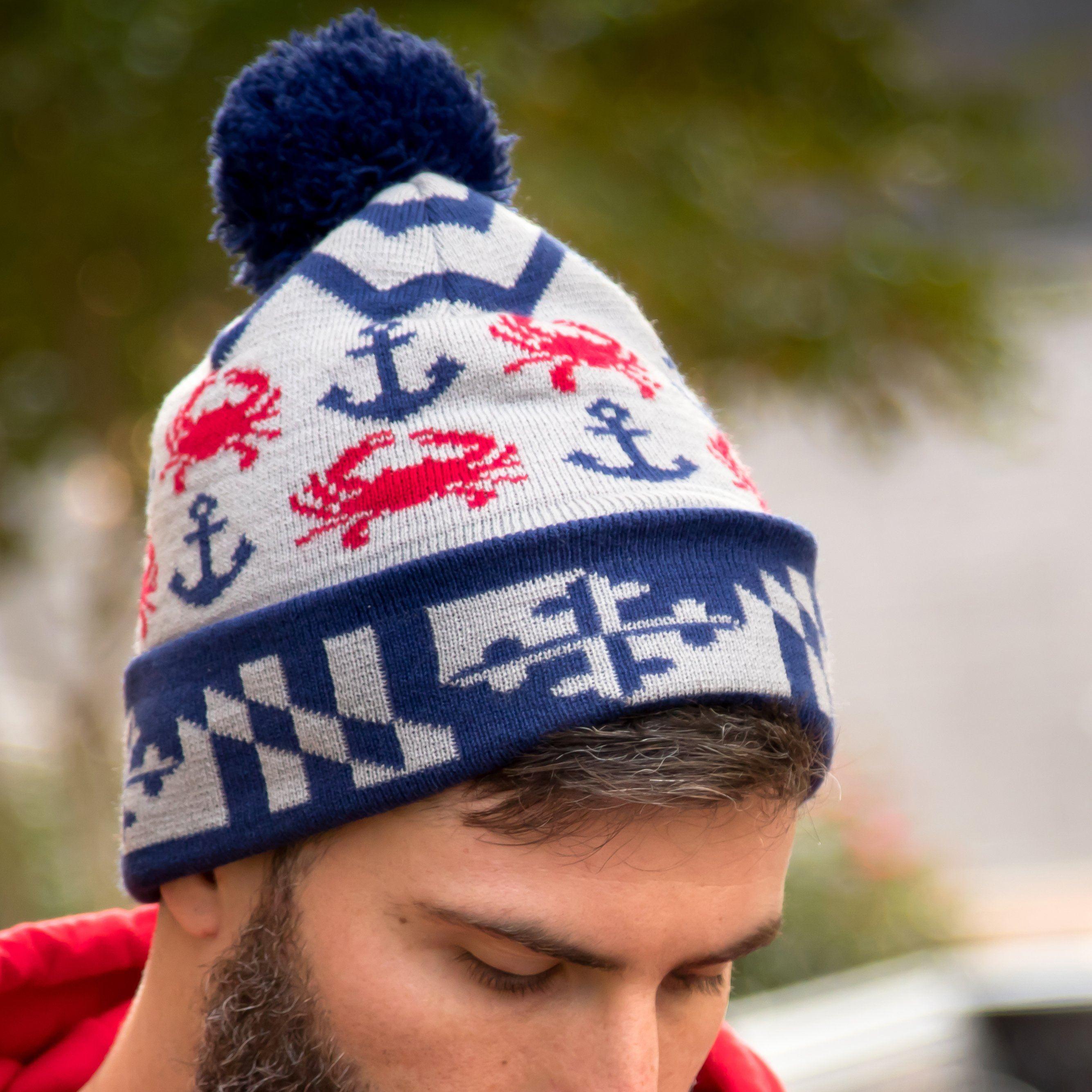 Chevron Crab and Anchor Design (Grey w/ Blue Pom) / Knit Beanie Cap - Route One Apparel