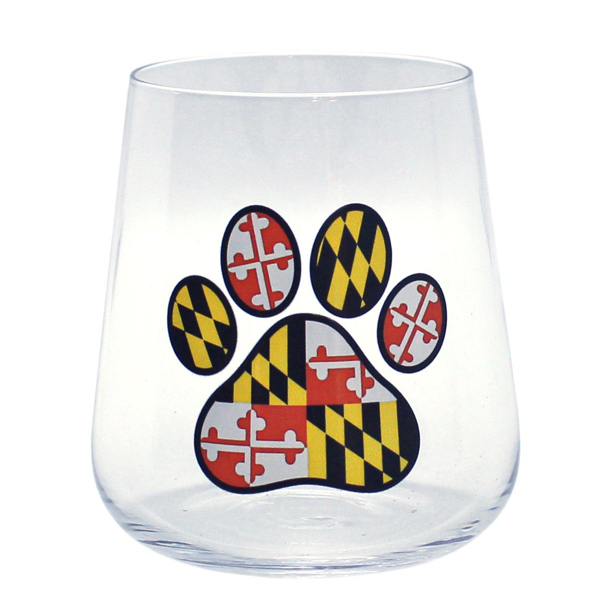 Route One Apparel Maryland Paw Print / Stemless Wine Glass