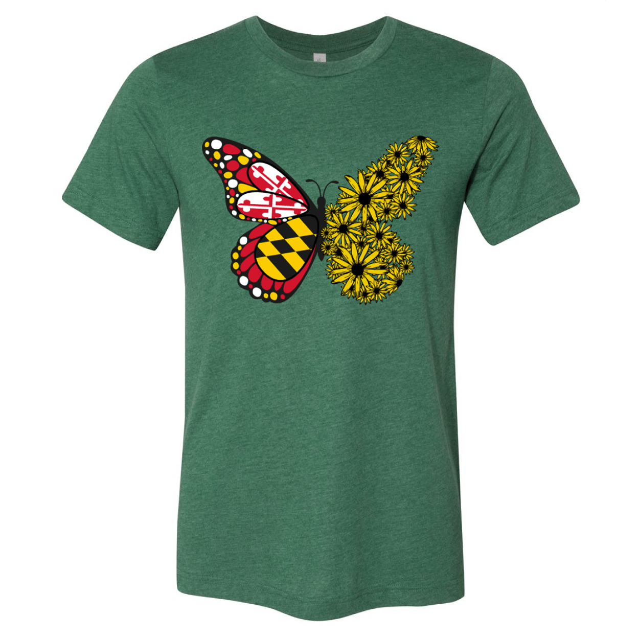 Maryland Flag & Black Eyed Susan Butterfly (Heather Green) / Shirt - Route One Apparel