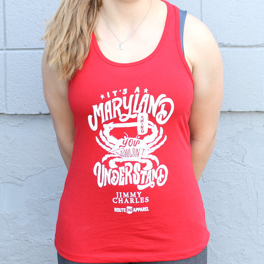 Crab & Mallets Cursive - It's A Maryland Thing (Red) / Ladies Racerback Tank - Route One Apparel