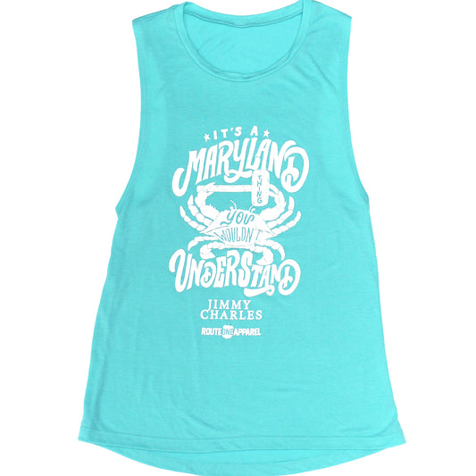 Crab & Mallets Cursive - It's A Maryland Thing (Teal) / Ladies Muscle Tank - Route One Apparel