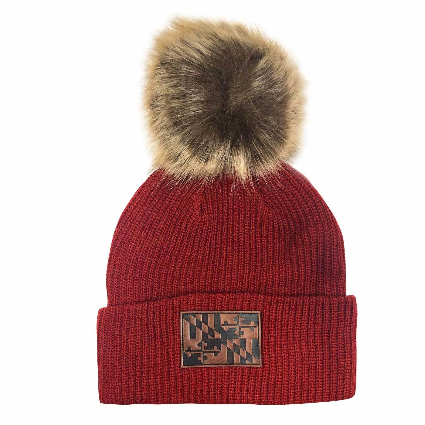 Maryland Flag Leather Patch (Burgundy w/ Fur Pom) / Slouchy Knit Beanie Cap - Route One Apparel