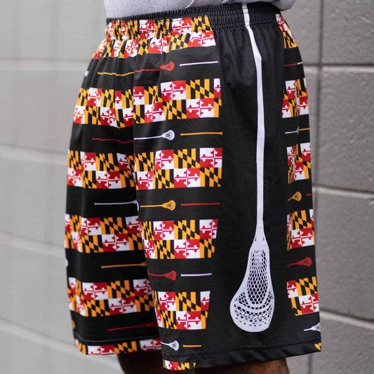 Maryland Flag and Lacrosse Stick Stripe (Black) / Running Shorts (Men) - Route One Apparel
