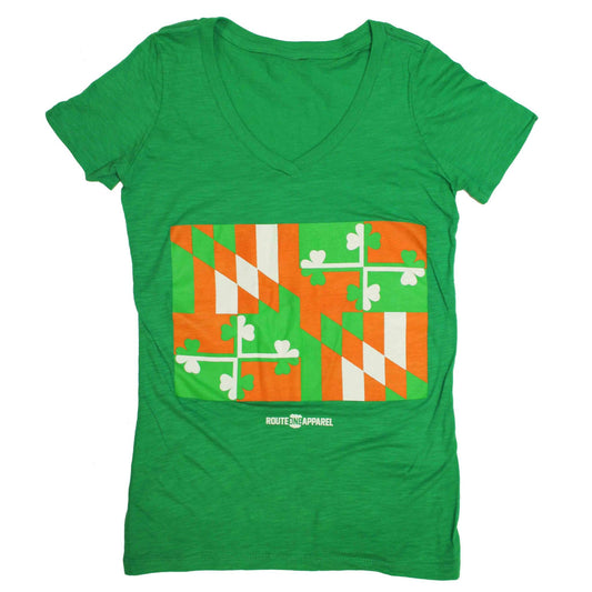 Irish Maryland Flag (Green) / Ladies Deep V-Neck Shirt - Route One Apparel