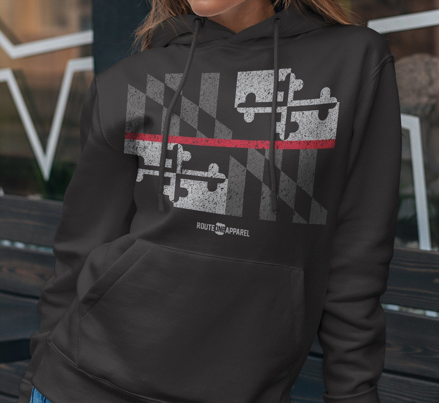 Maryland Flag Red Line (Black) / Hoodie - Route One Apparel