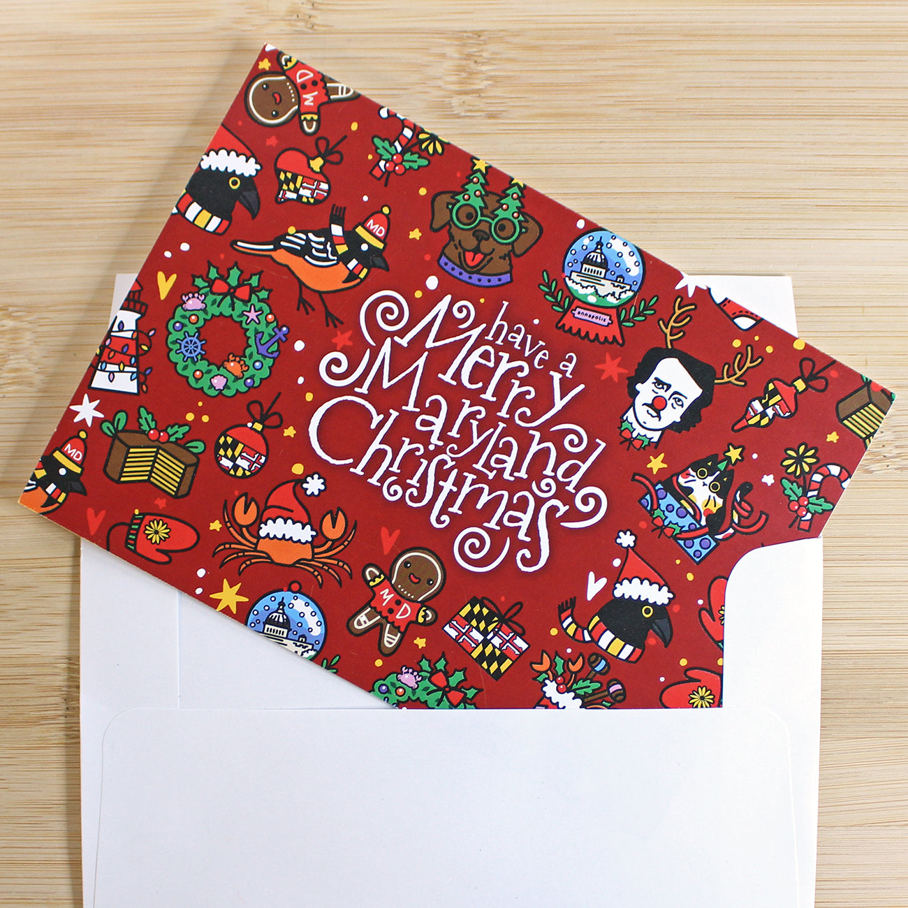Merry Maryland Christmas with Maryland Icons (Red) / 8-Pack Christmas Cards - Route One Apparel