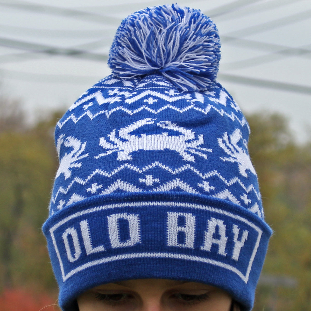 OLD BAY Brim & Chevron Crab (Blue with Multi-Pom) / Knit Beanie Cap - Route One Apparel