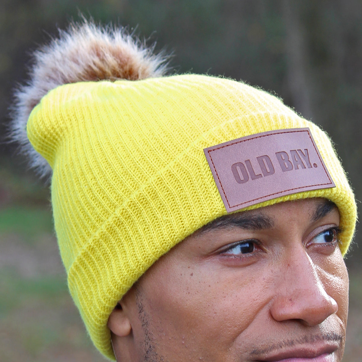 OLD BAY Leather Patch (Bright Yellow w/ Fur Pom) / Slouchy Knit Beanie Cap - Route One Apparel