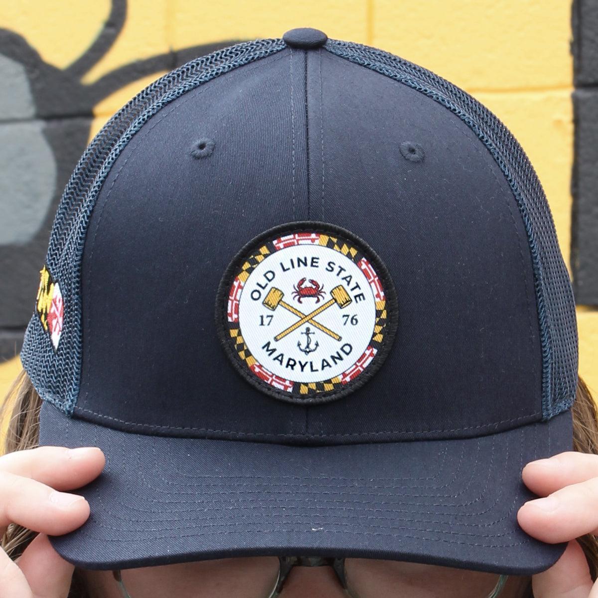 Old Line State Woven Patch w/ Side MD Flag (Navy) / Trucker Hat - Route One Apparel