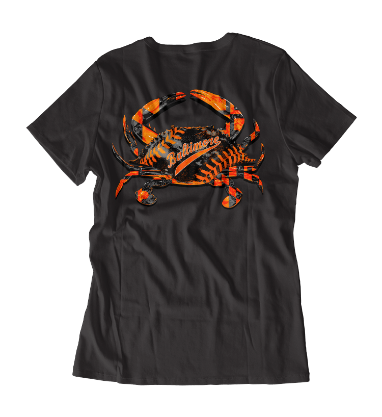 Baseball Home Team Crab *Back Print* (Black) / Ladies V-Neck Shirt - Route One Apparel
