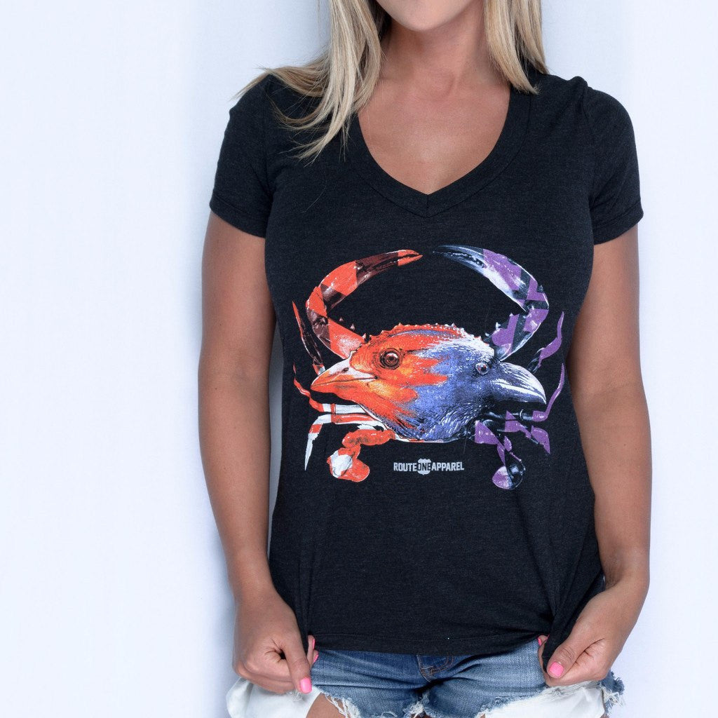 Baltimore Birds Crab (Black) / Ladies Deep V-Neck Shirt - Route One Apparel